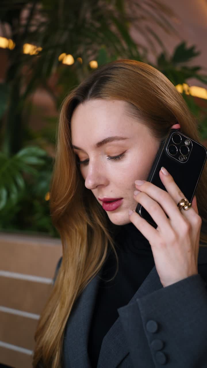 A close-up of an elegant woman in a suit speaking softly on her smartphone, taking a private, heartfelt moment away from her busy schedule in a modern office lobby.