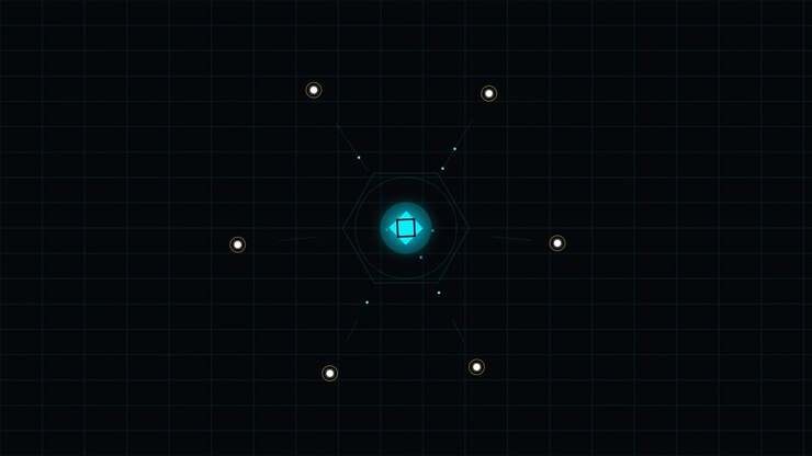 Abstract Digital Interface with Glowing Cyan Core and Rotating Nodes