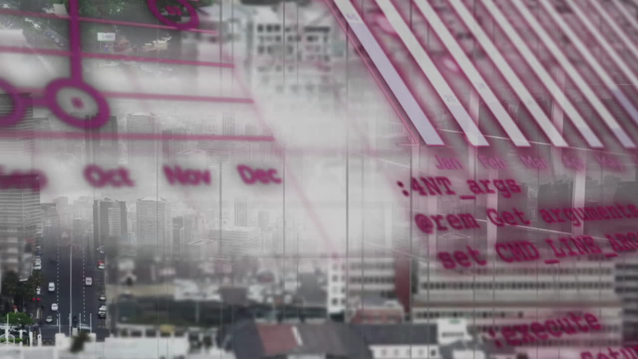 도시 풍경 위의 금융 데이터 처리 애니메이션