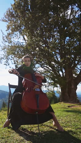 woman in black dress plays cello sitting on the high hill. lady's hair and dress fluttering in the strong wind while she's playing music. vertical video