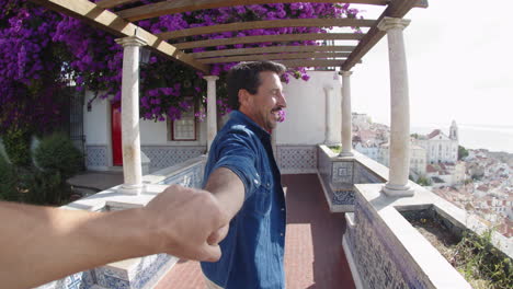 back view of gay man holding his boyfriend's hand and walking in park, looking city views