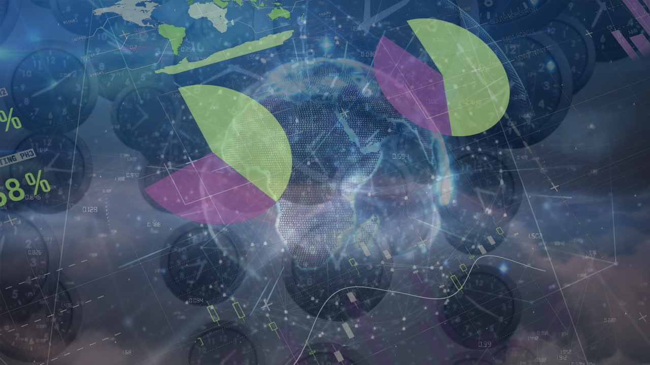 컴퓨터 그래픽 인터페이스에서 회전하는 시계에 대한 지구와 함께 데이터, 그래프, 차트의 애니메이션