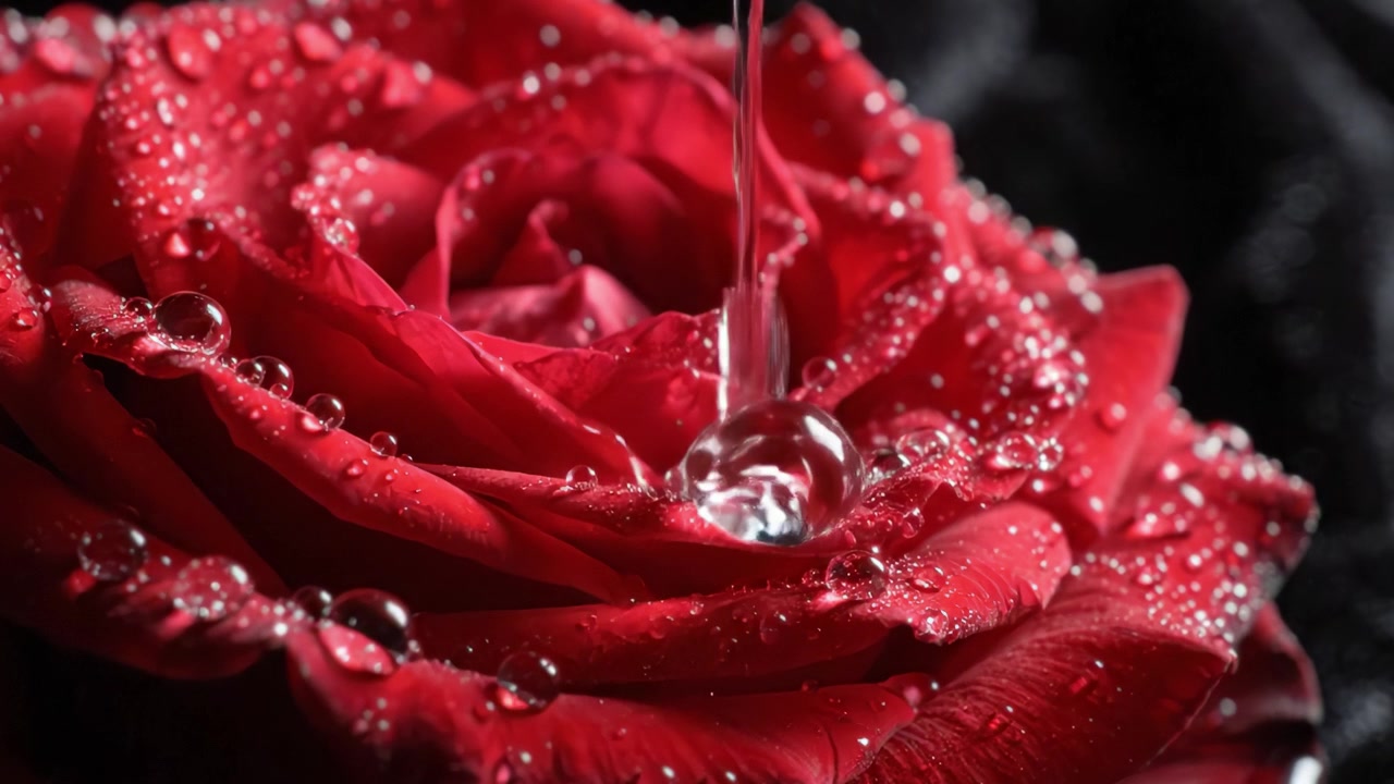 Un magnifique gros plan d'une rose rouge luxuriante ornée de gouttelettes d'eau, mettant en valeur la beauté de la nature sous un éclairage dramatique sur un fond sombre