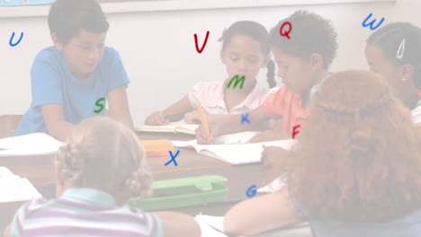 multiple colorful alphabets floating against group of students studying at school