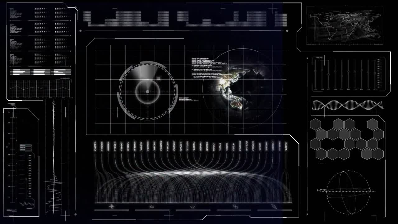 Animation of clock and statistics processing on dark background