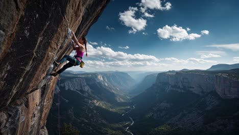 woman rock climbing in a stunning mountain valley