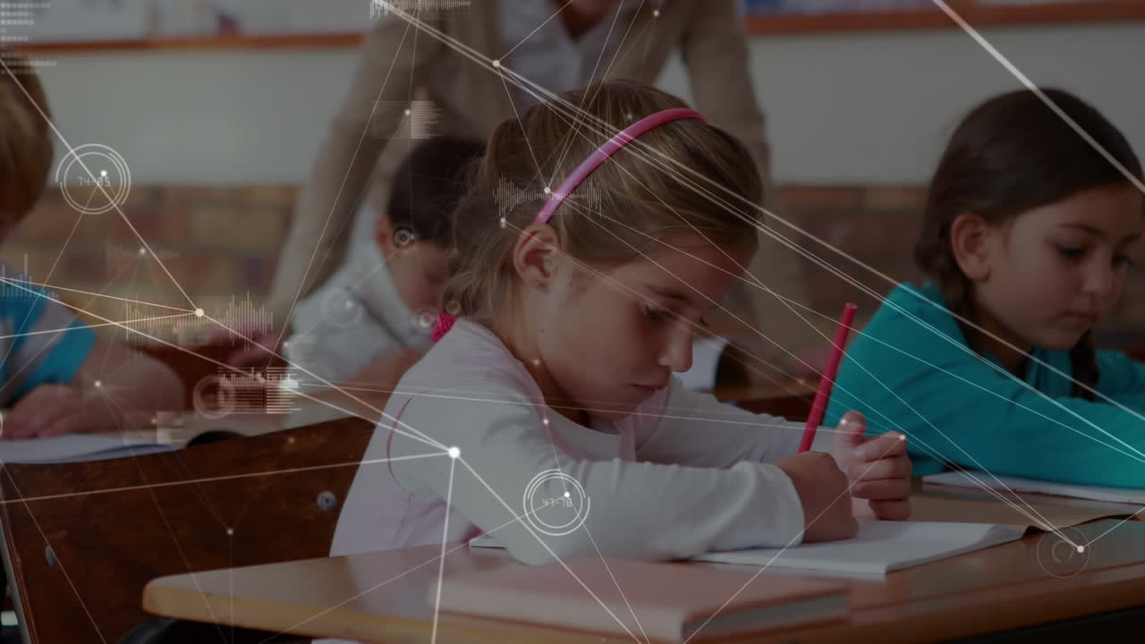 red de conexiones y procesamiento de datos contra diversos estudiantes que estudian en la clase en la escuela
