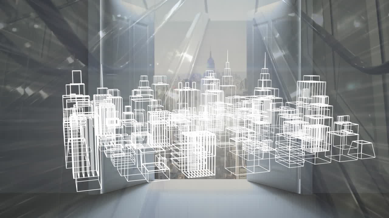 Animation of 3d city drawing spinning over cityscape