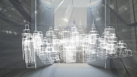 animation of 3d city drawing spinning over cityscape