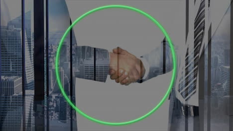 animation of green neon circle over caucasian businessmen shaking hands in office