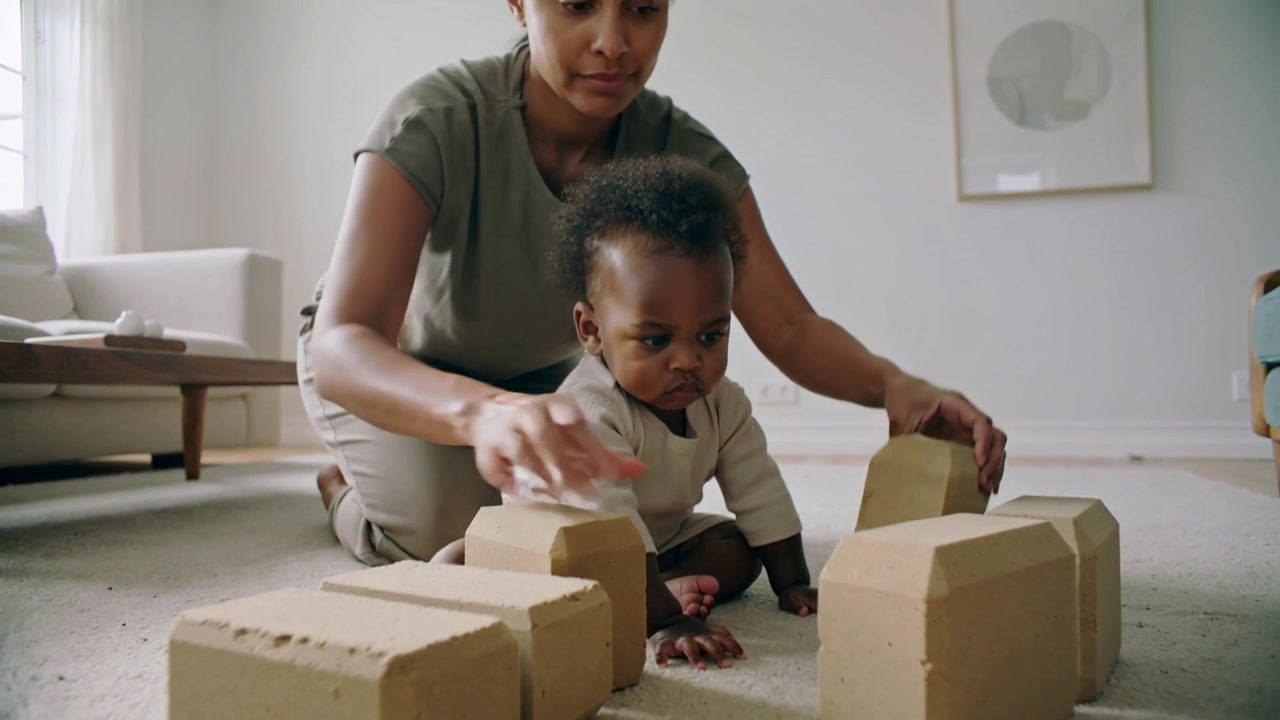 Placing beige blocks woman green-top kneeling behind infant onesie on living-room rug