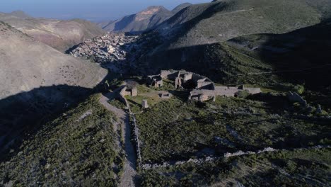 aerial shot of the ruins of the old customs building in the apache hill, real de catorce, san luis potosi, mexico