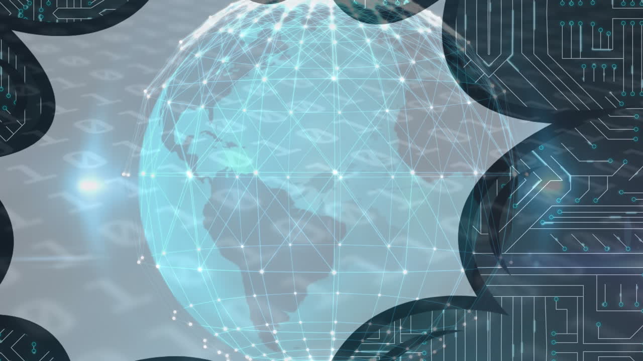 데이터 처리 및 글로브 오버 모양과 컴퓨터 회로판의 애니메이션