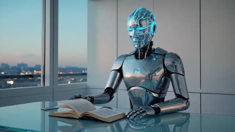 robot reading a book in a futuristic office