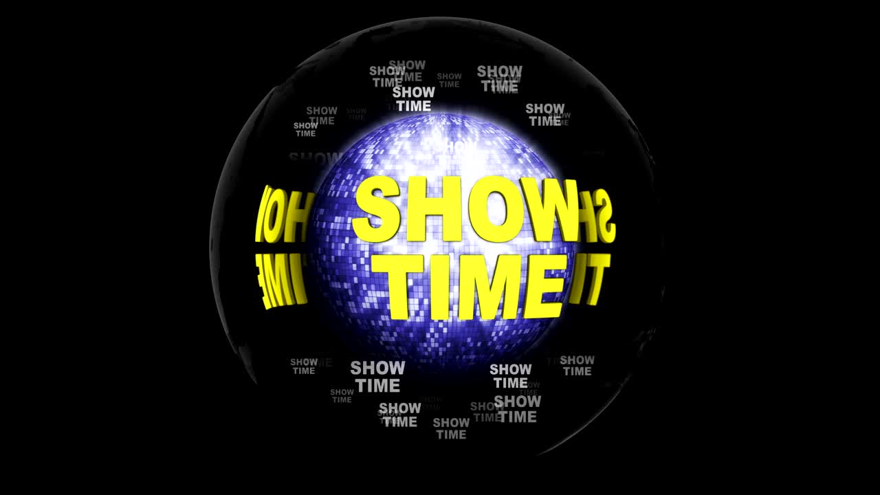 알파 채널, 렌더링, 배경, 루프와 함께 디스코 볼 주변의 시간 텍스트 애니메이션을 표시합니다.