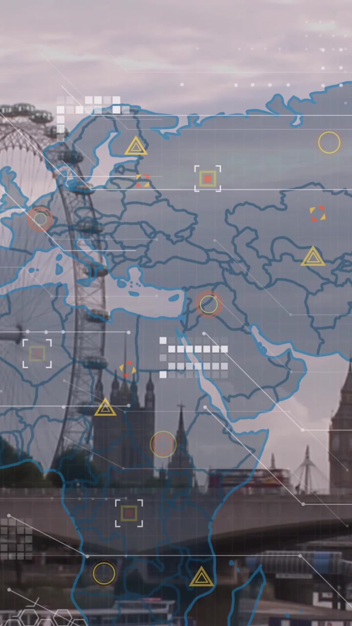 Animation of world map and data processing over london cityscape
