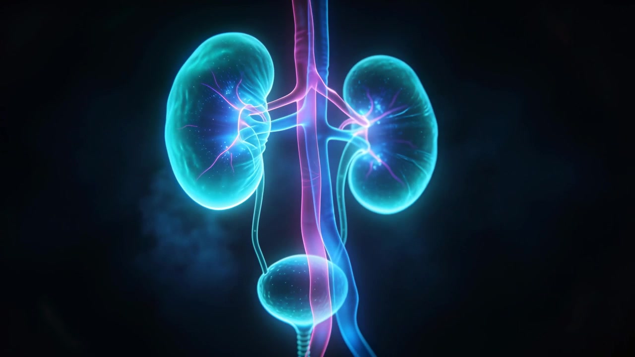 Rotating cam showing neon urinary system in studio, kidneys ureters bladder vessels pulsing flow