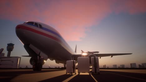 suitcases standing on airstrip in front of an airplane during a evening. brand new, white, extremely wealthy people business travel class