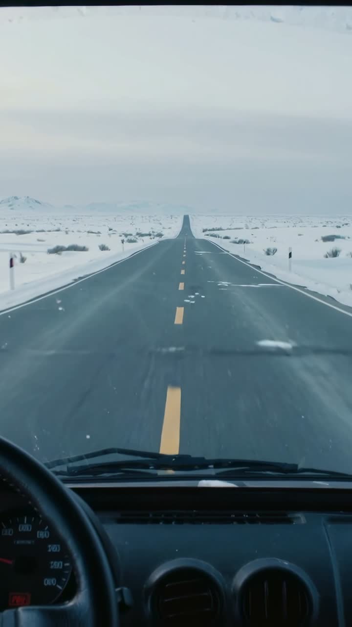 Video verticale: Visuale di guida in avanti che si avvicina a un dosso su un'autostrada innevata, mostrando il cruscotto e il parabrezza.
