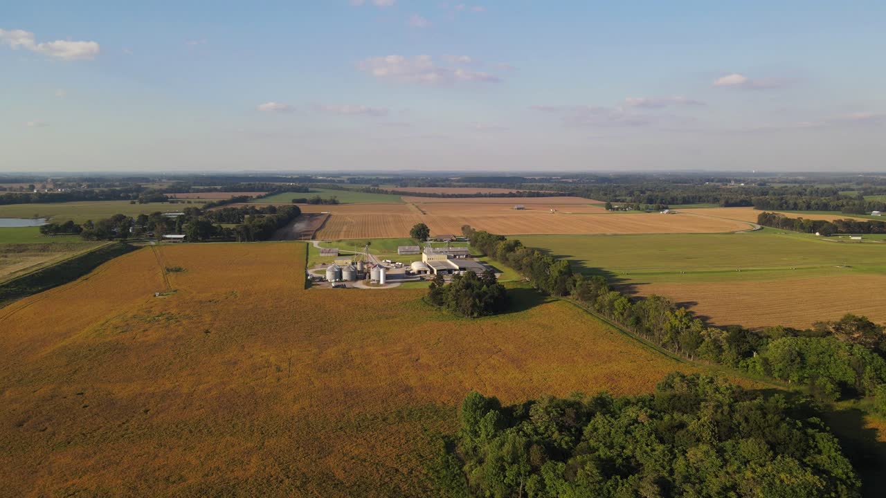 Video aereo di un drone che vola verso una fattoria e una fabbrica di mangimi in campagna