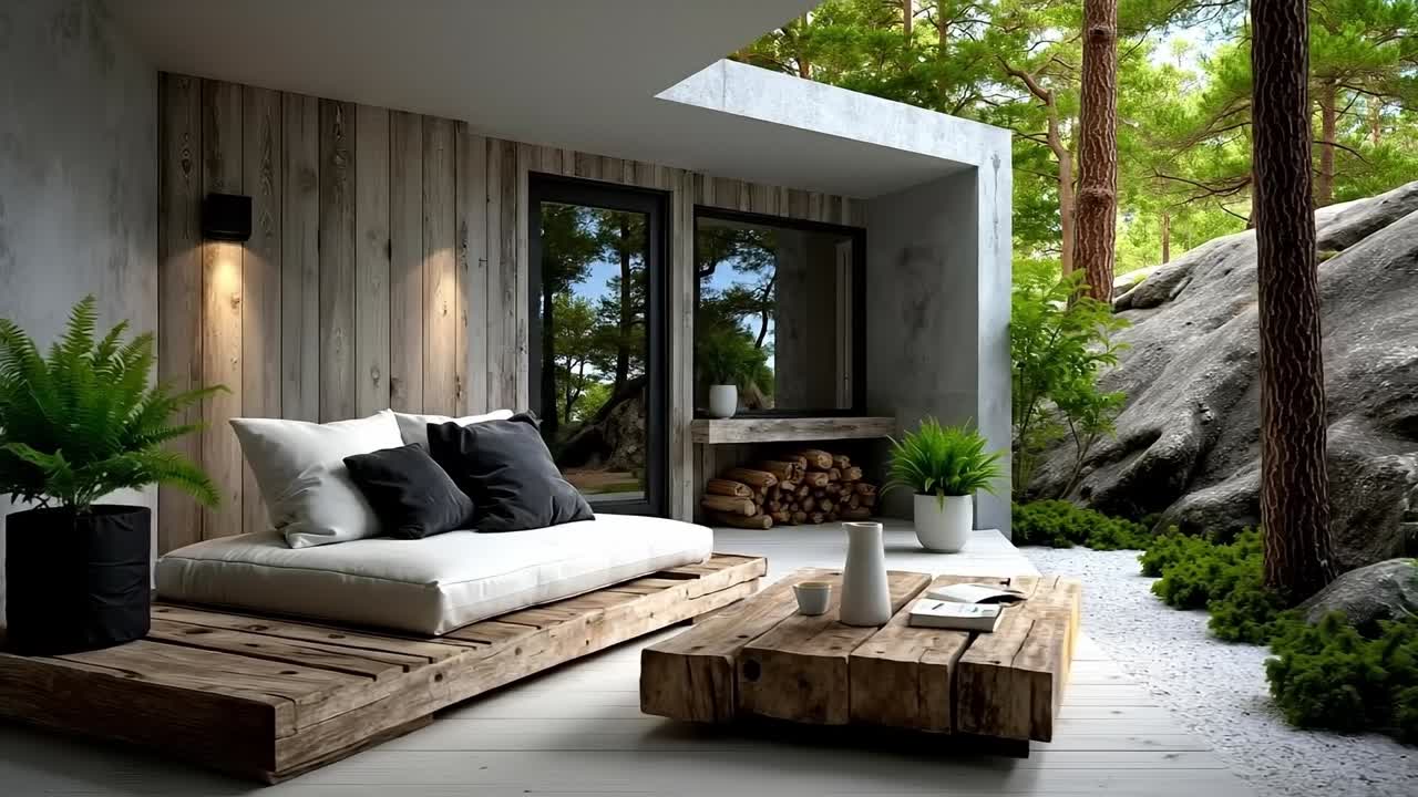 A wooden bench sitting on top of a wooden floor next to a fireplace