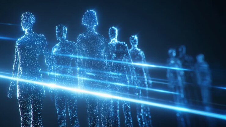 Futuristic crowd of digital avatars made of particles walking through a blue lit metaverse, abstract humanoid silhouettes moving in a virtual reality network environment