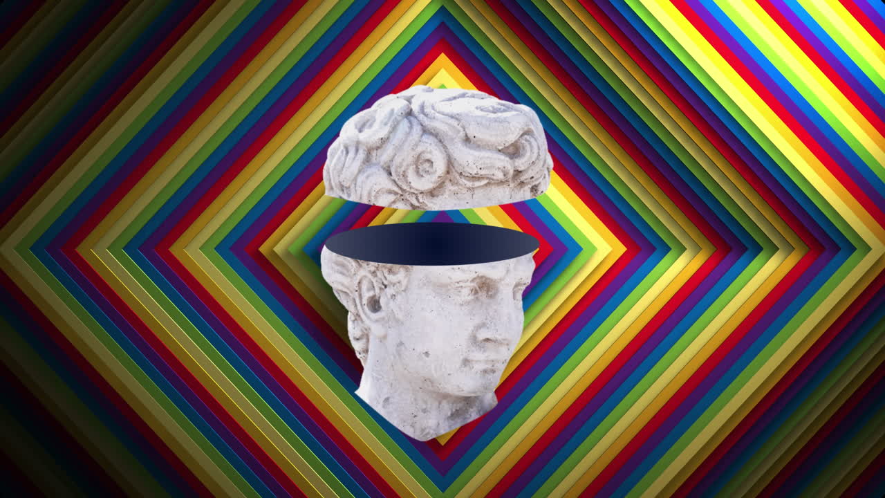 animación de distorsión empalado busto de escultura clásica sobre rayas de diamantes arco iris concéntricas