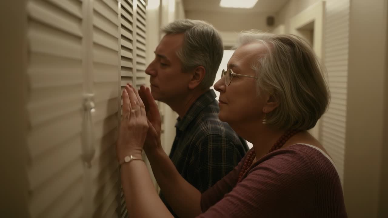 Stopping senior couple placing hands on louvered closet doors in narrow hallway, searching for knob