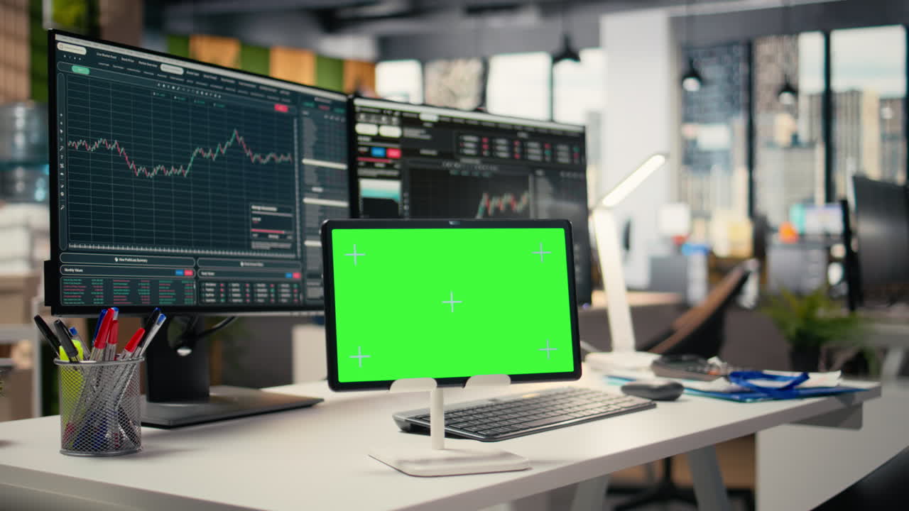 Stock market metrics displayed on isolated screen tablet in investment firm