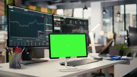 stock market metrics displayed on isolated screen tablet in investment firm