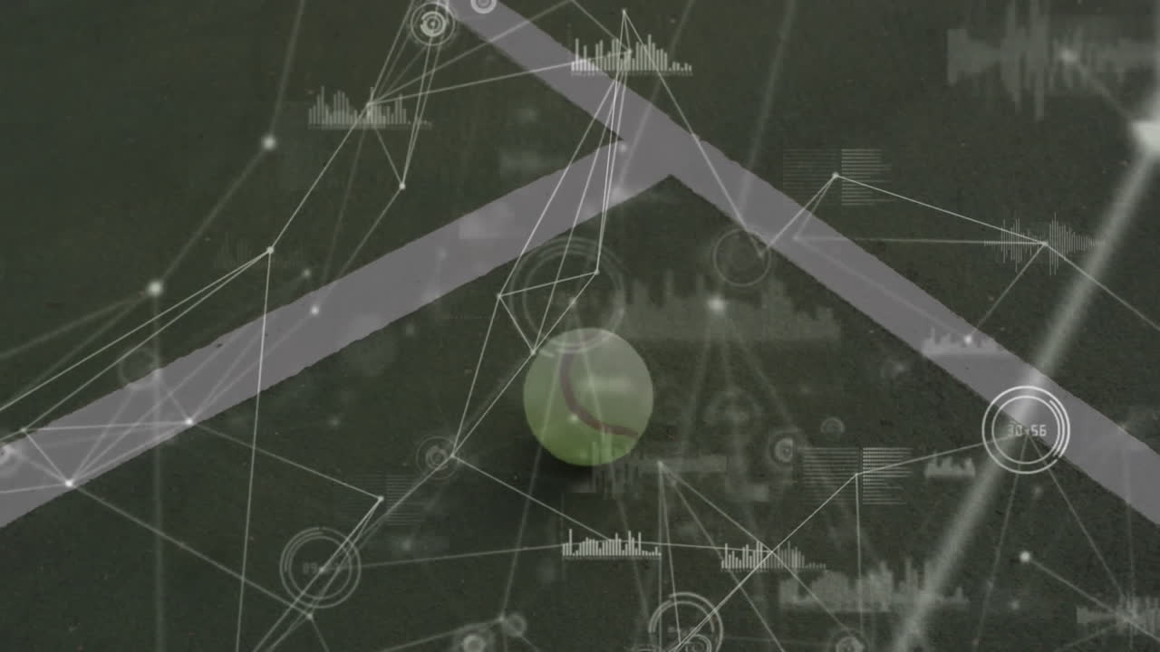 Tennis ball resting on court, featuring digital overlay with network nodes and charts