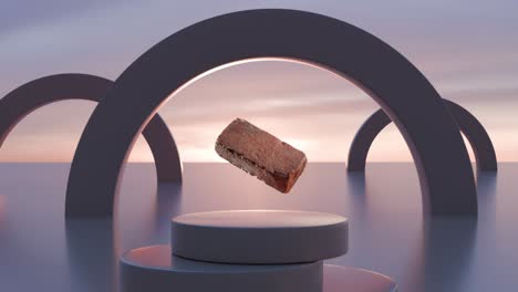 exhibición de productos 3d abstracta con arcos y fondo de puesta de sol