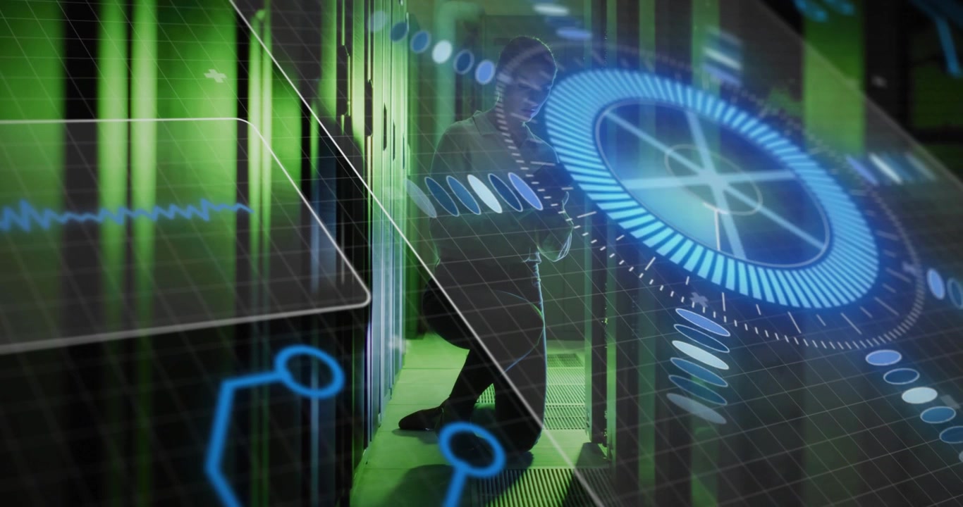 Kneeling technician in light top tapping tablet and checking racks in datacenter, HUD appearing