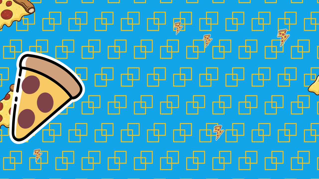 animación de pizzas y cuadrados iconos en fondo azul