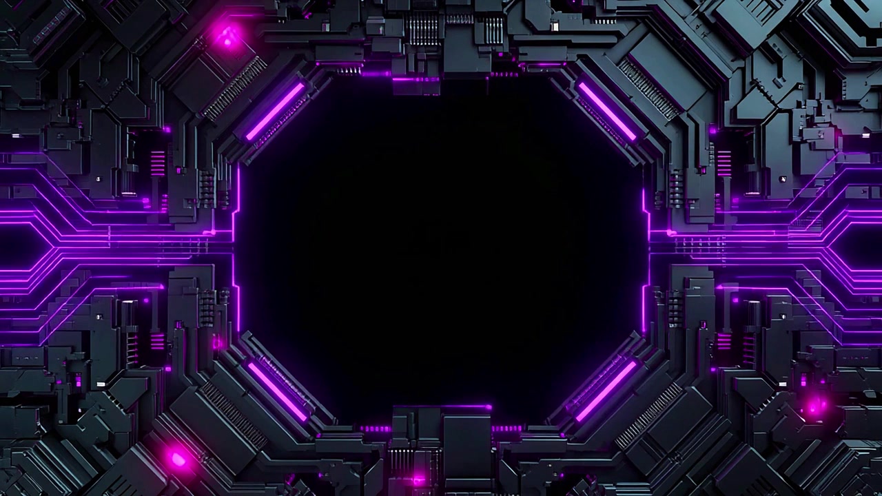 Cornice ottagonale futuristica con linee di circuito viola luminose.