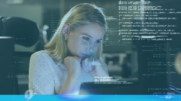 Animation of financial data processing over caucasian businesswoman using computer