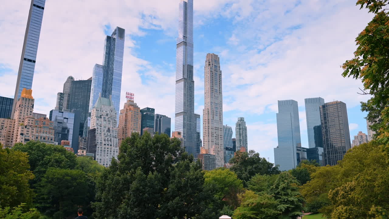 New York, USA, 4 August 2025: Central Park view with Manhattan skyscrapers. Green Central Park foreground with modern skyline behind