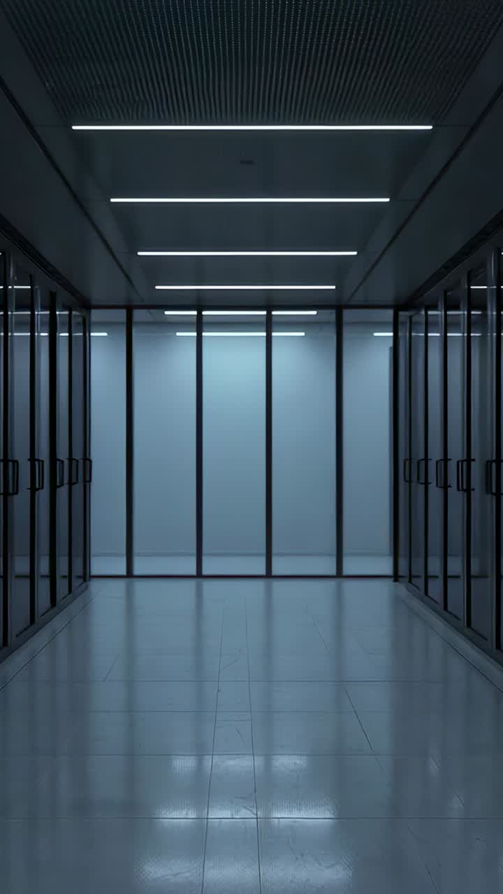 Vertical video: Holding camera showing empty glass hallway at modern office, with LED reflections