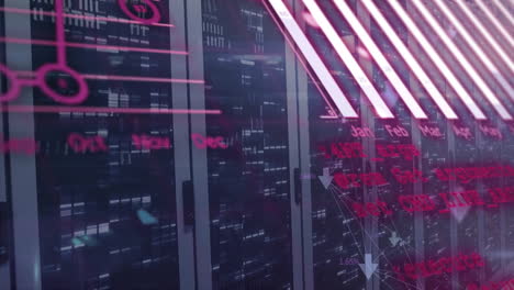 animation of data processing and diagrams over server room