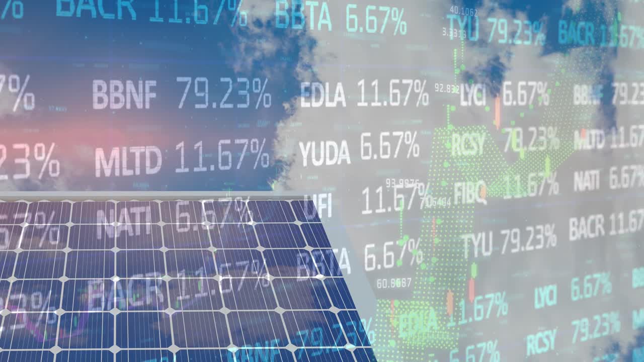 흐린 하늘에 대한 그래프와 태양 패널 위의 거래 보드의 애니메이션