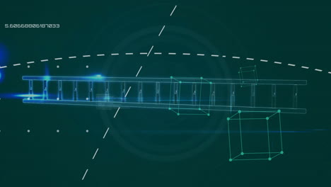 geometric shapes and numerical data processing animation over technical blueprint