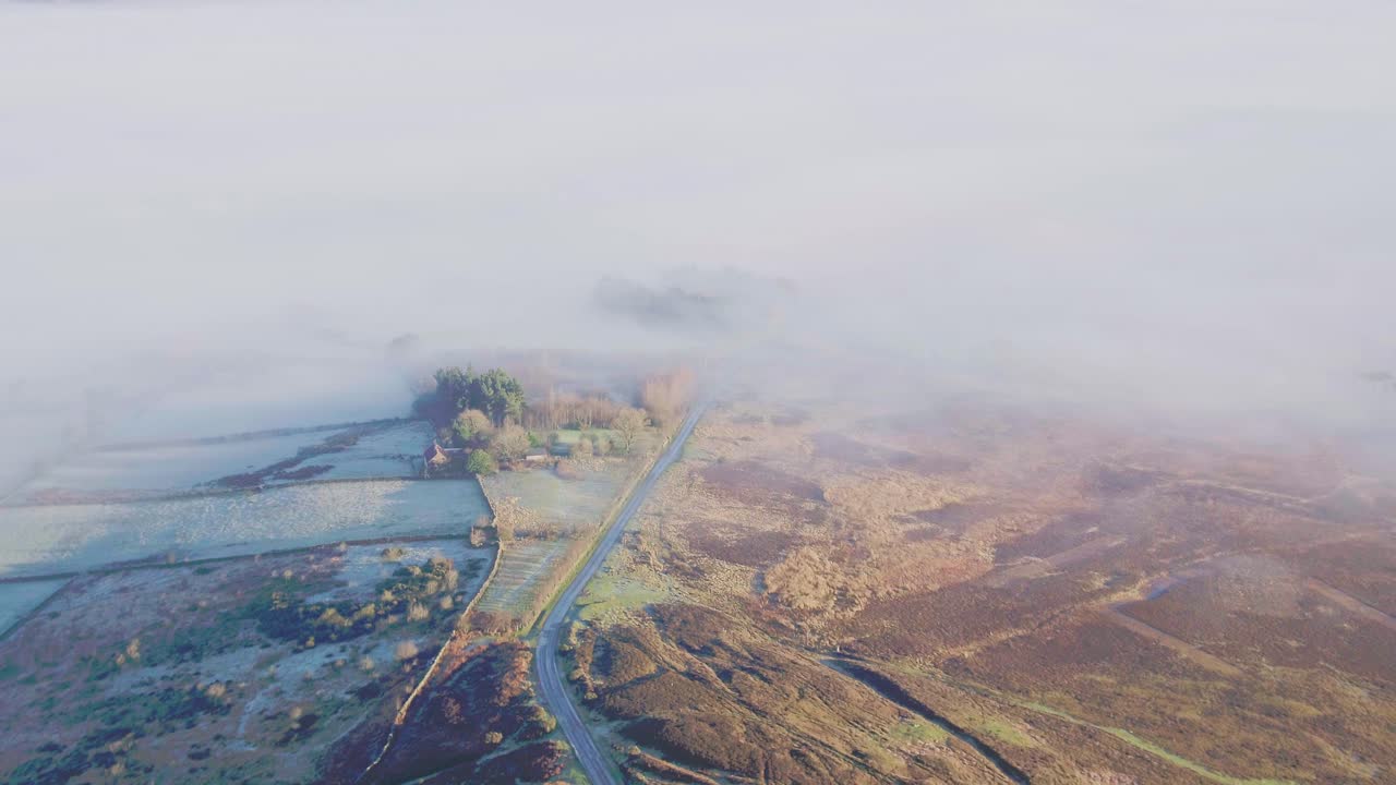 vuelo de drones lealhome desde la parte superior del páramo moviéndose sobre el valle cubierto de niebla otoño invierno - dji inspire 2