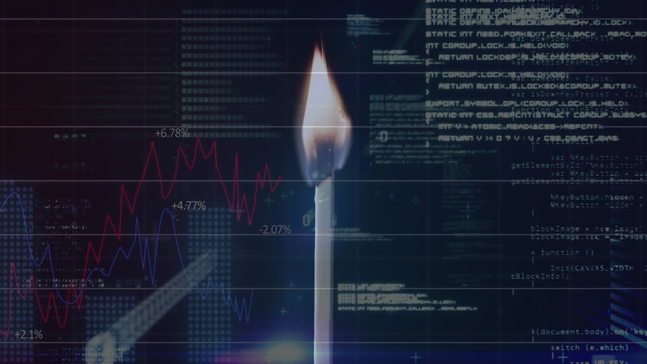 Animation of financial data processing over lit match