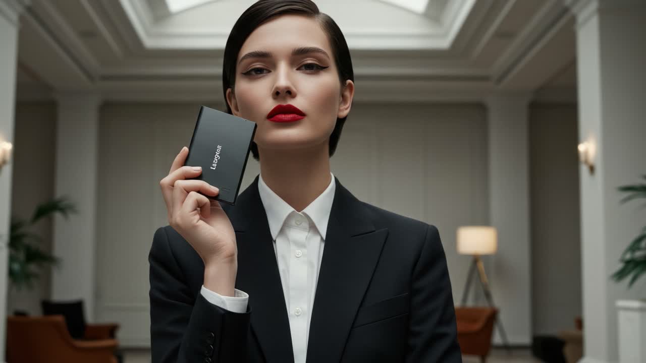 A Confident Model in Elegant Attire Holds a Sleek Device, Exuding Sophistication and Power in a Minimalist, Stylish Setting with Modern Architecture and Chic Interiors