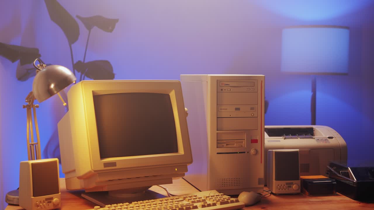 Retro pc computer gaming, Desktop vintage with loading code console, programmer making scripts, green basic screen, Old computer studio close-up, retro wave display, late 90s PC.