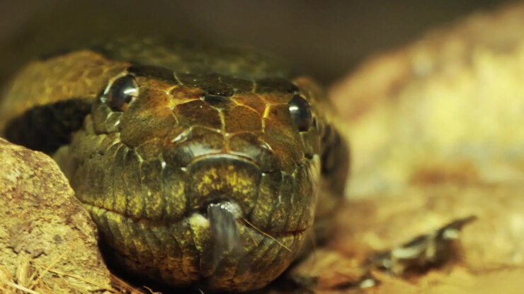 Close-up footage of a green anaconda showing detailed scales, eye and powerful jaws.