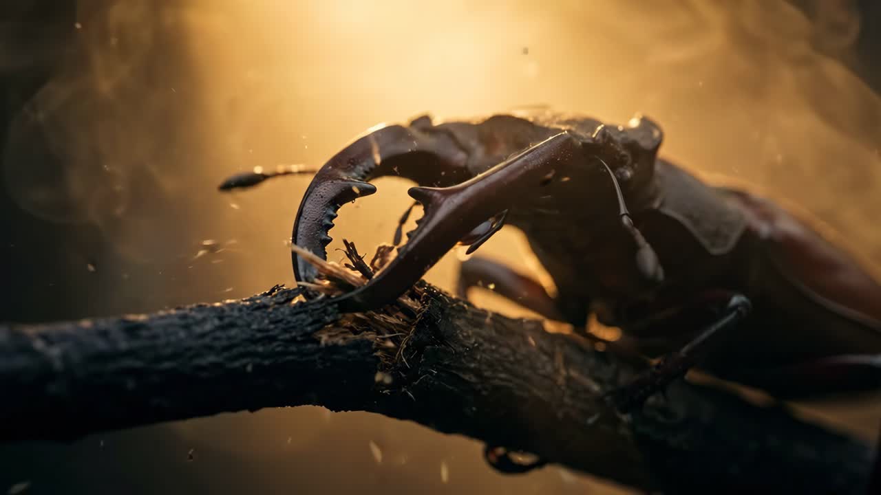 Close-up of a Stag Beetle Chewing a Branch in Golden Light