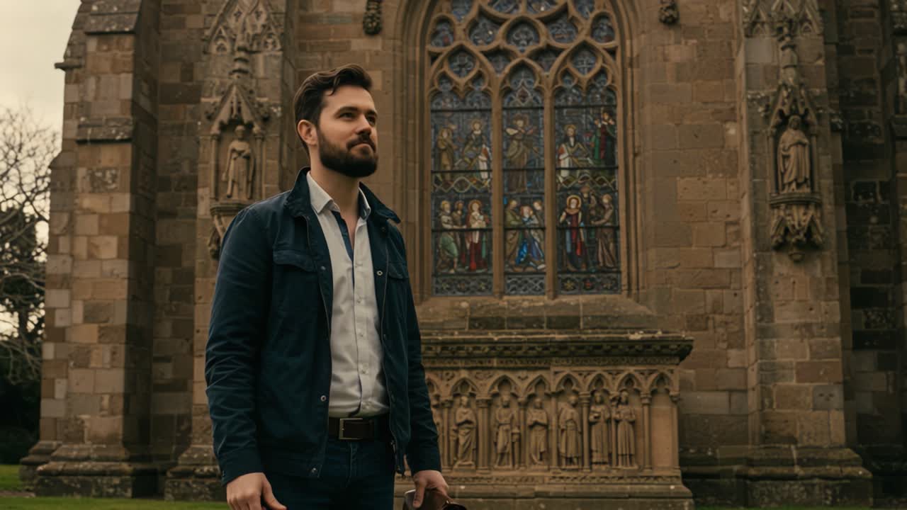 A Solemn Moment: Man Reflects Before an Elegant Church Facade with Historical Stained Glass Panels and Intricate Stone Carvings