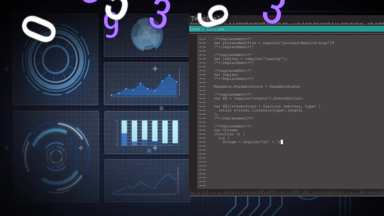 Data processing animation over coding terminal and graphical charts