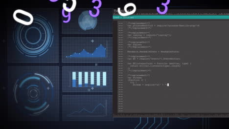 data processing animation over coding terminal and graphical charts